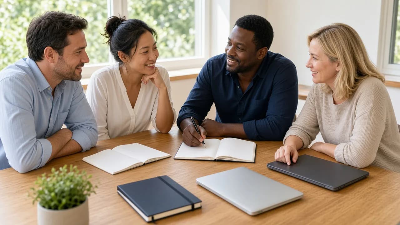 Four adults plan in a sunny room with blank notebooks and closed laptops.