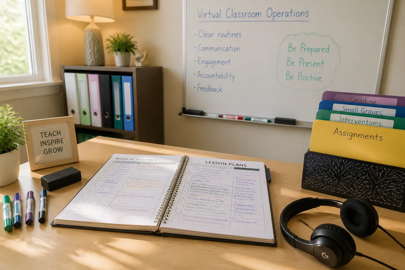 Bright USA teaching desk with lesson plans, whiteboard markers, and headset
