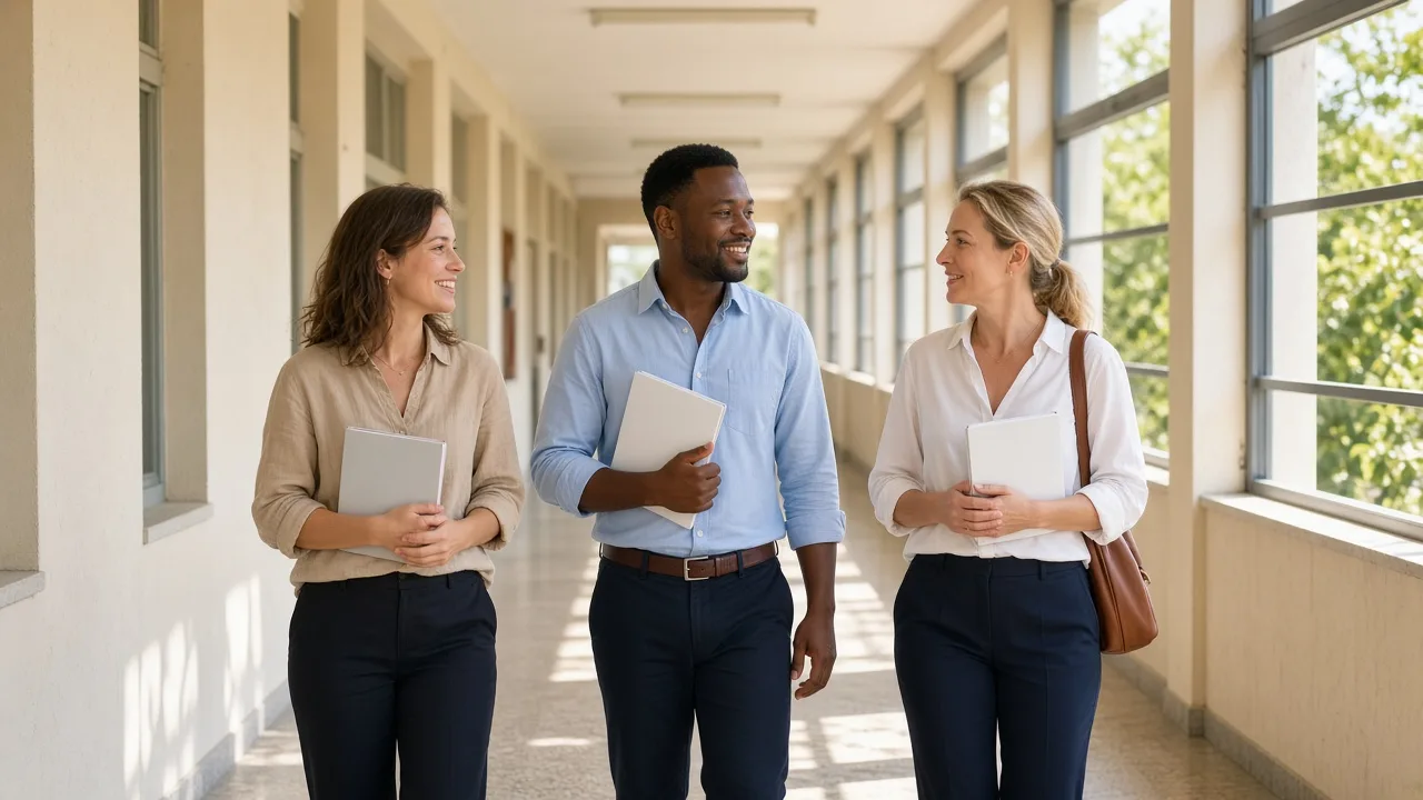 Three adults walk a sunny school corridor carrying blank notebooks.