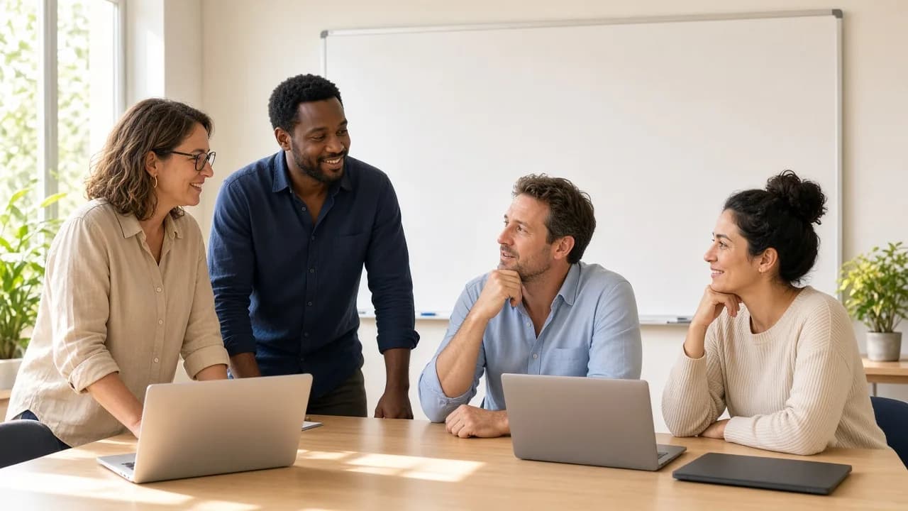 Four adults plan in a sunny classroom with a blank whiteboard and closed laptops.