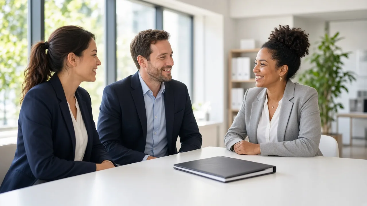 Three colleagues talk around a sunny conference table with a closed folder.