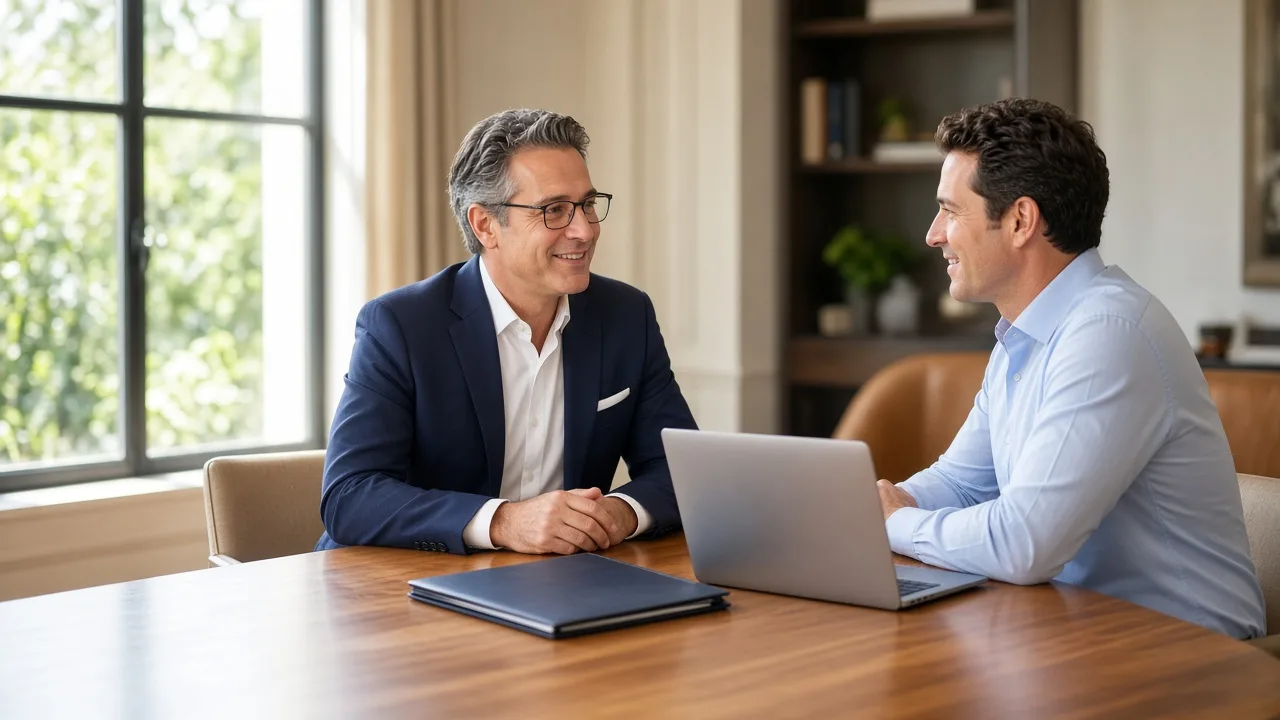 A wealth advisor and a client sit at a sunny table with a closed folder and a laptop facing away.