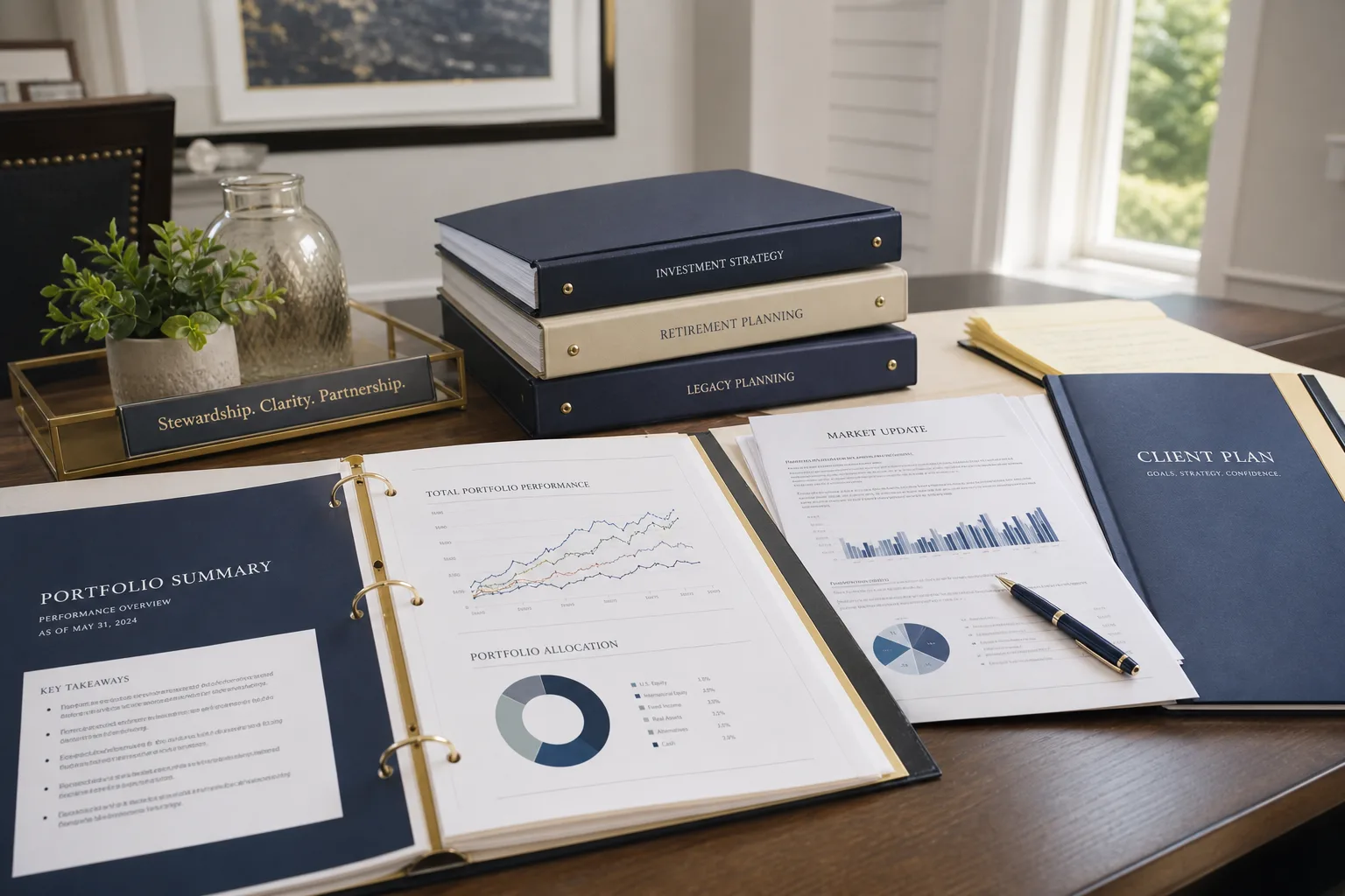 Bright USA wealth advisory desk with portfolio reports and financial planning materials