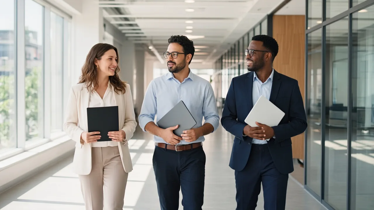 Three colleagues walk a sunny office corridor with blank folders.