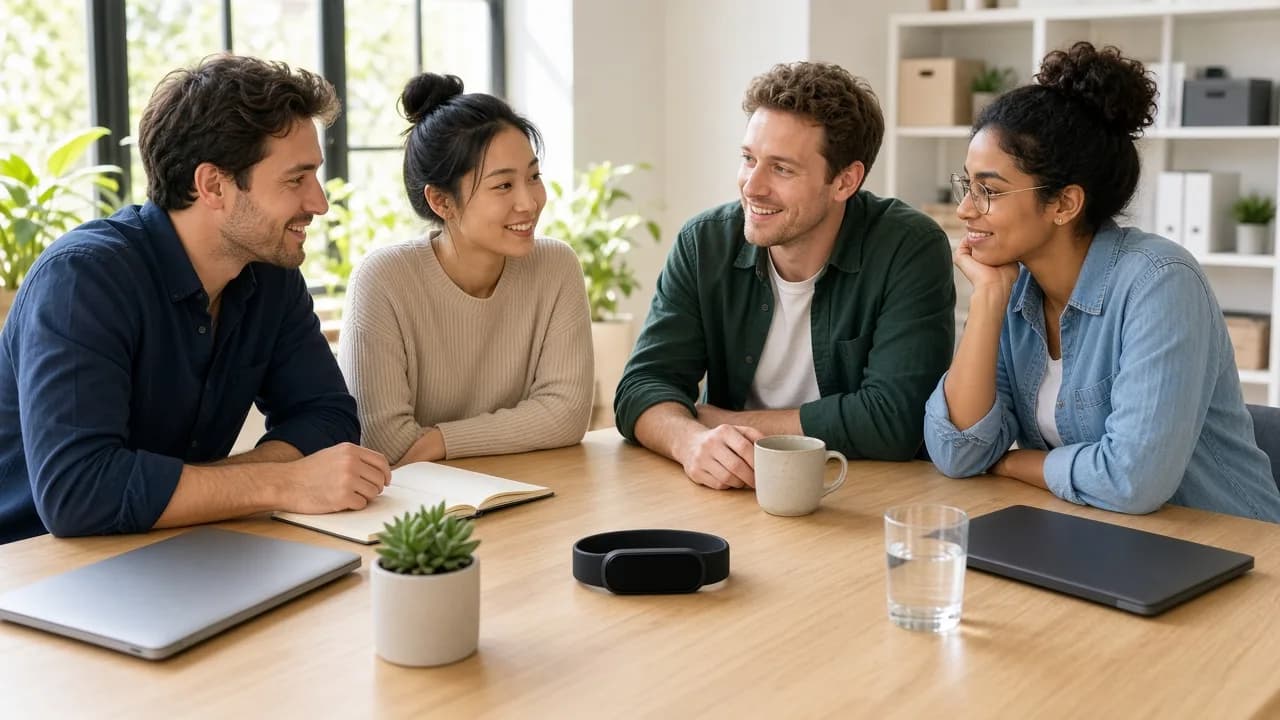 Four engineers meet at a sunny table with closed laptops and a blank fitness band.