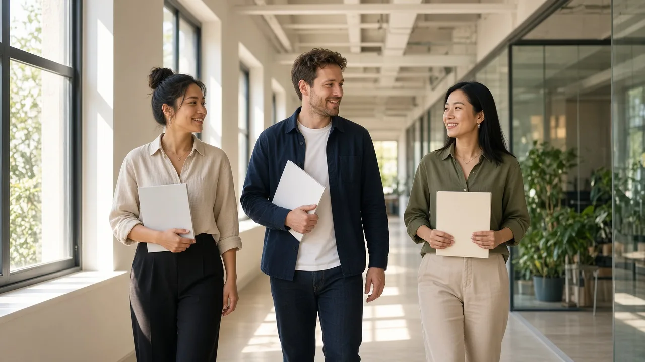 Three colleagues walk a sunny studio corridor with blank folders.