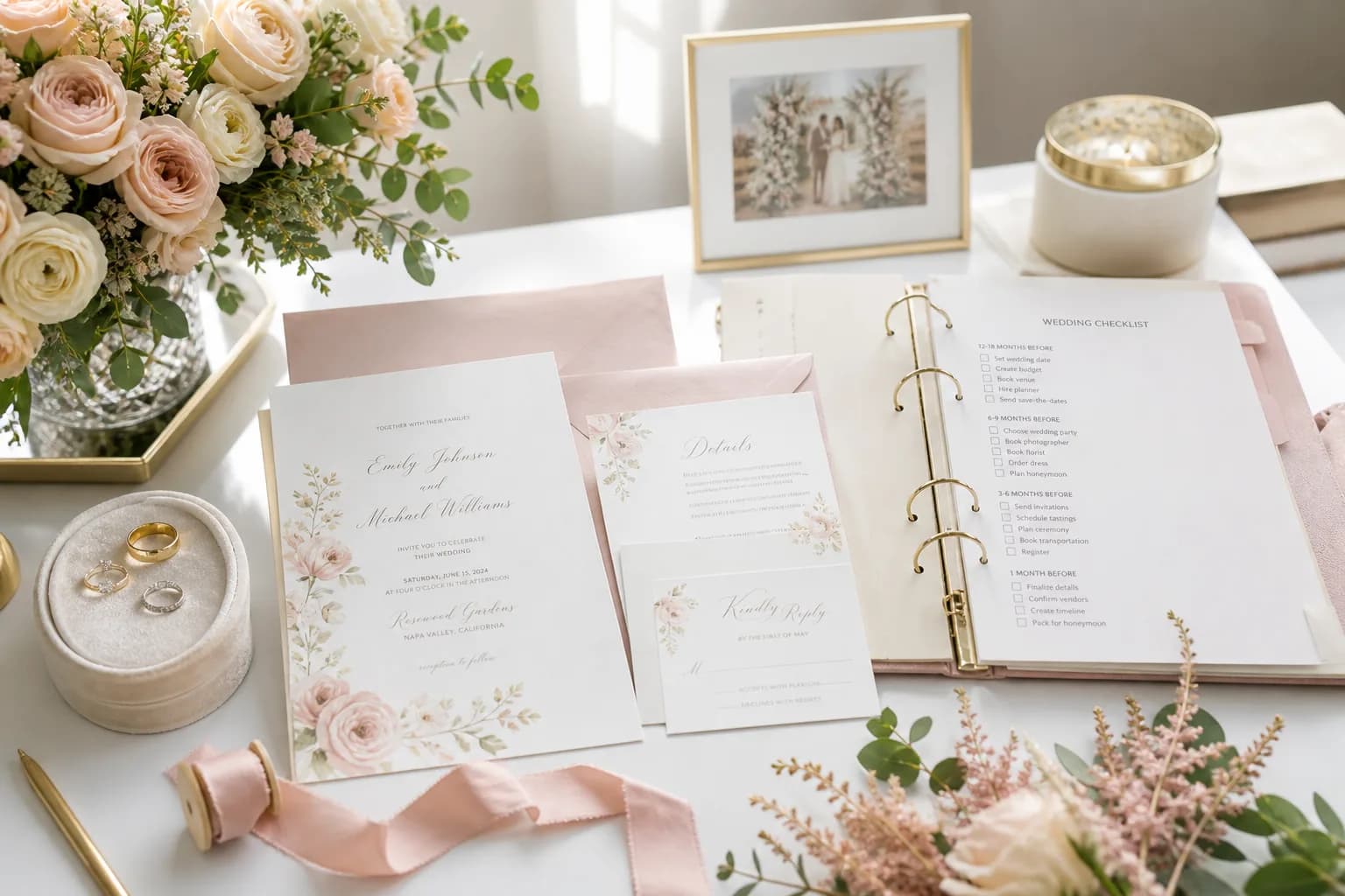 Bright wedding planning workspace with florals, invitations, and checklist binders